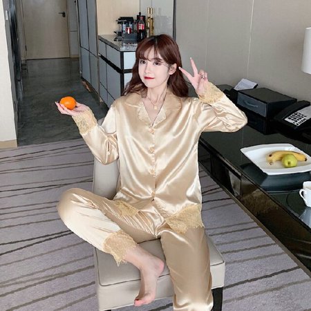 

DanceeMangoo Silk Pajamas for Women Solid Lace Sleepwear Women Spring Autumn set woman 2 pieces Satin Ladies Pijamas Mujer Night Loungewear