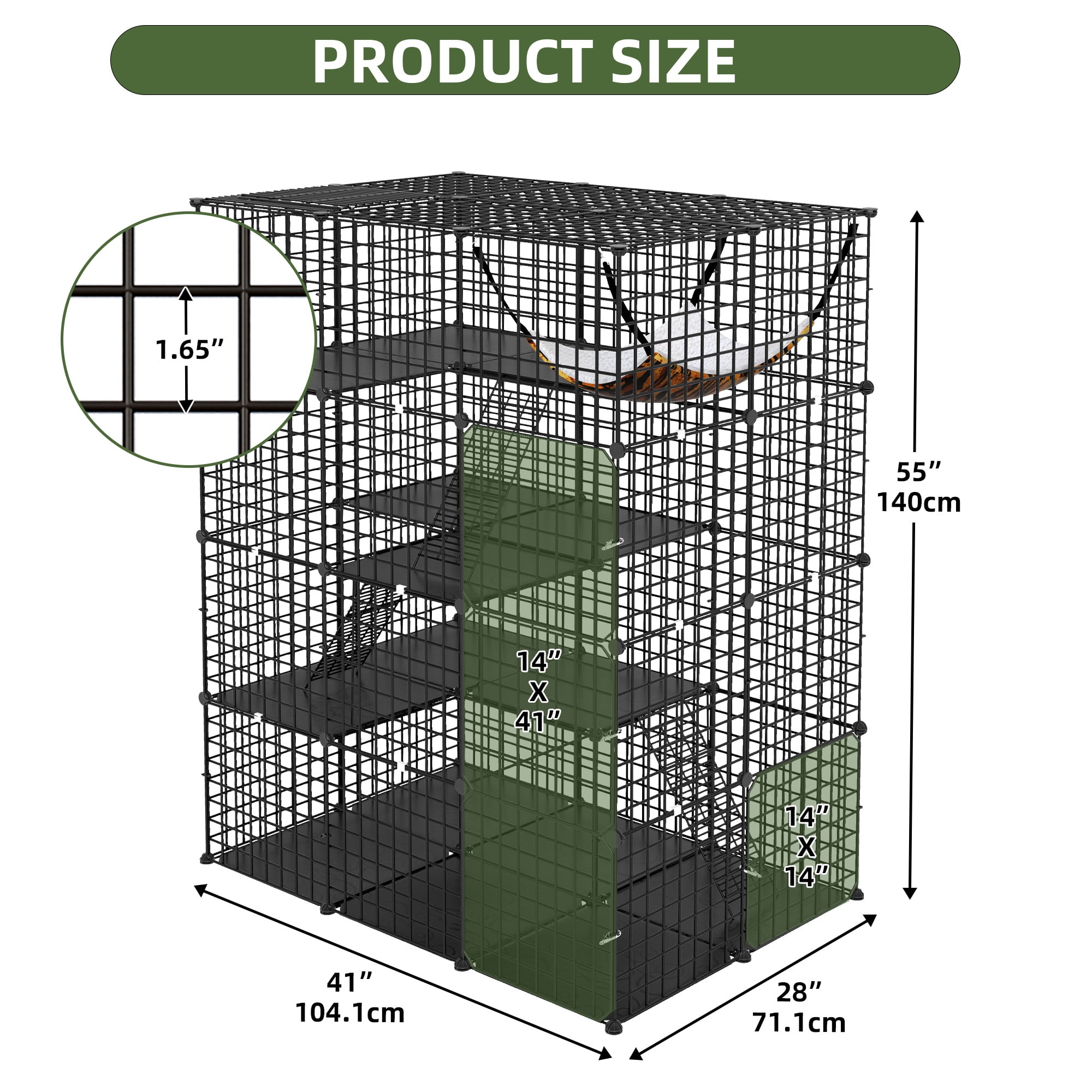 Uforic Large 4-Tier Cat Cage with Extra Large Hammock – Metal Playpen Cat Kennel for 1-3 Cats, Indoor DIY Cat Enclosure, Black, 41"L x 28"W x 55"H