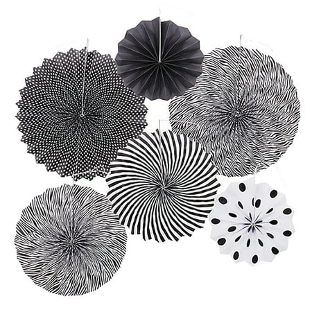 

HEVIRGO 6 Pcs Paper Fans Lightweight Round Flower Shape Paper Non-fading Flower Fans for Home Black Paper