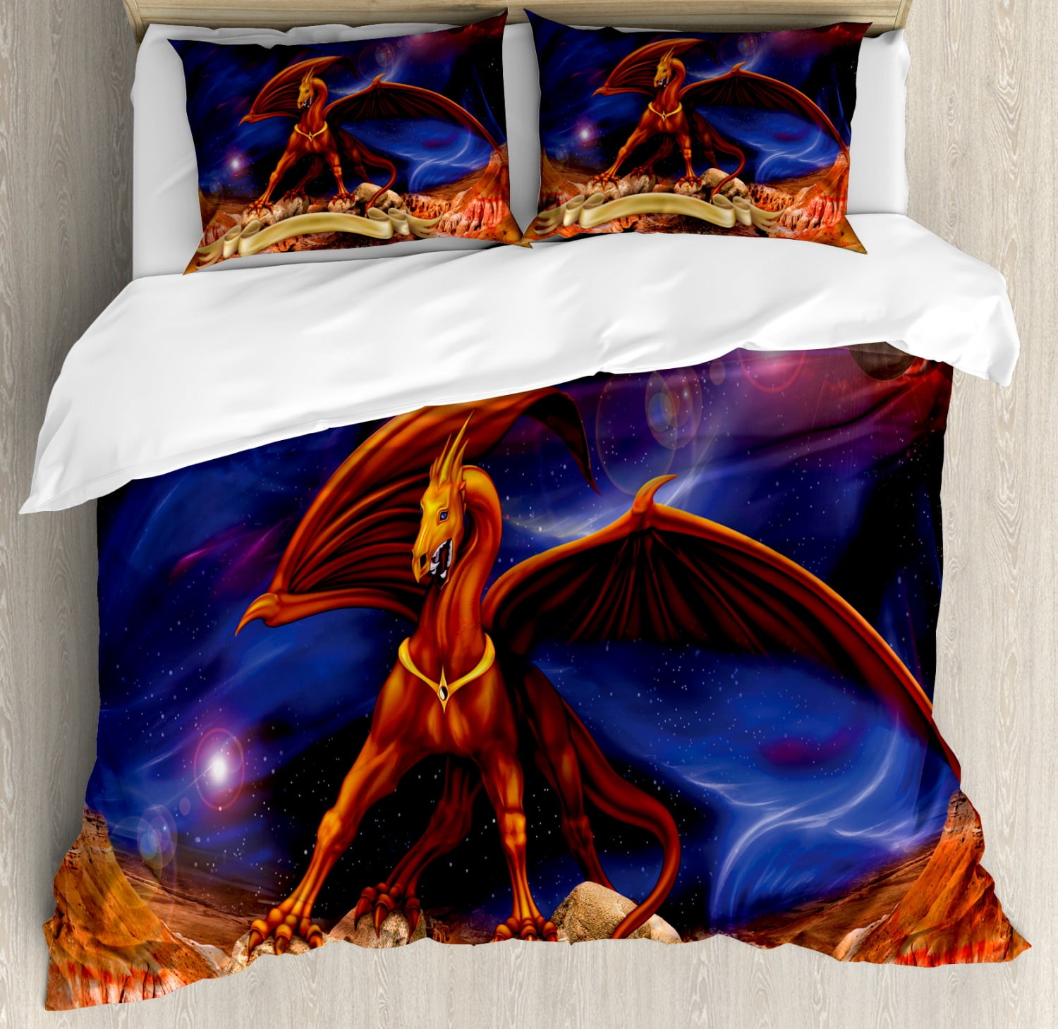 Dragon Duvet Cover Set Queen Size, Fantasy Scene with Dragon Knight against Cosmos Galaxy
