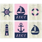 Koyal Wholesale Girls Nautical Theme Nursery Hanging Wall Art, Pink Navy Blue, Ahoy, Boat, Anchor, Lighthouse