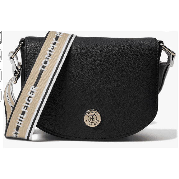 Tommy Hilfiger Women’s Crossbody Bag with Logo Web Strap, Flap Closure & Gold-Tone TH Medallion – Black