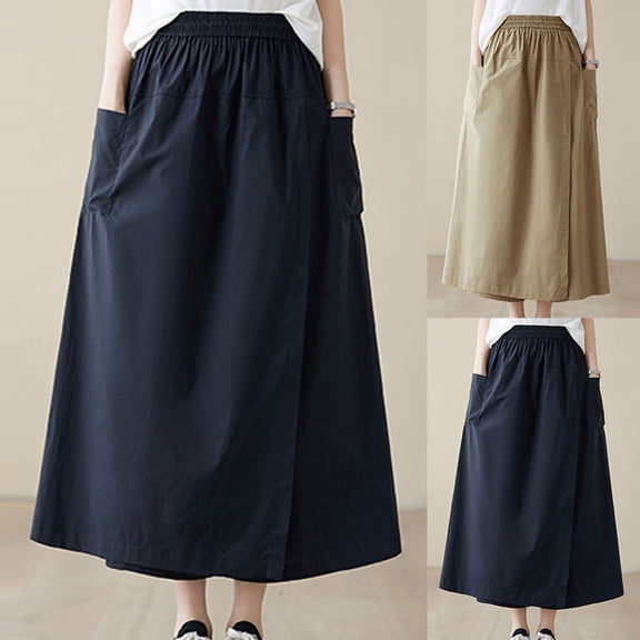 WWV Womens Long Skirts Elastic High Waisted Pocket Skirt Dress Summer Solid Color Casual Ladies Loose Fit Anniversary Skirt Khaki L