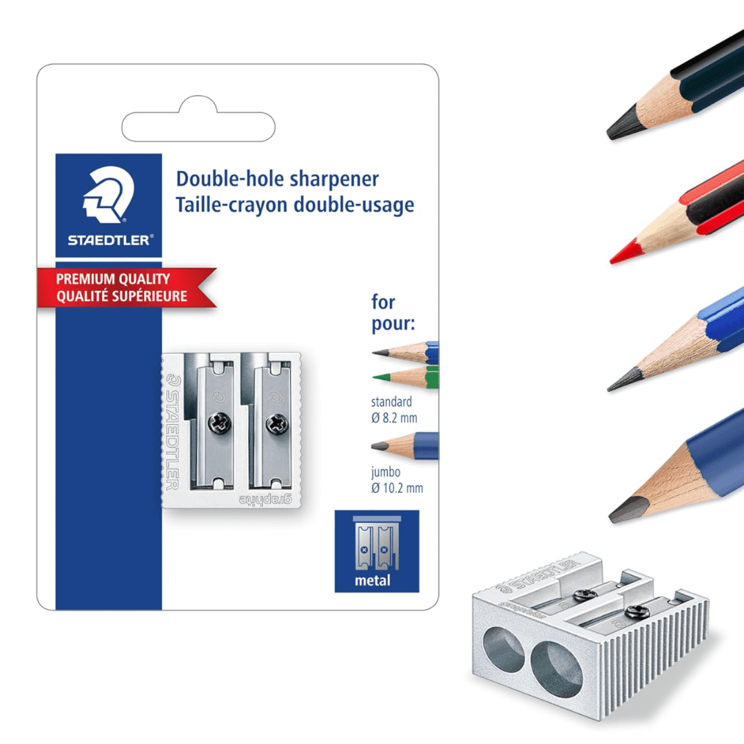 STAEDTLER 12-Pack Metal Double-Hole Pencil Sharpener - Precision 23° & 30° Angles for Standard & Colored Pencils - 3-Point Blade Design for Sharp Lines, 12 Count