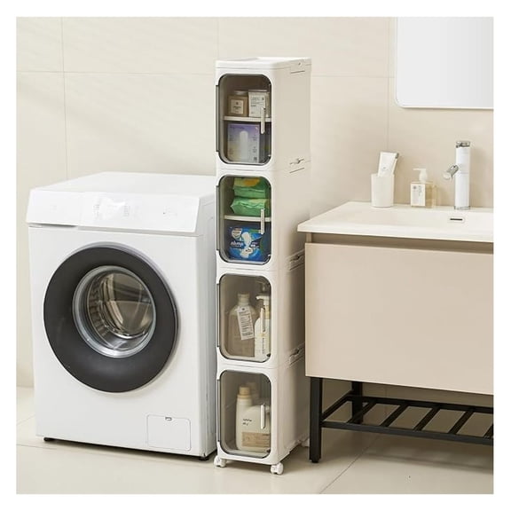 4-Tier Narrow Storage Cabinet with Magnetic Doors and Shelves, Plastic Slim Bathroom Organizers and Storage with Wheels for Small Spaces Bathroom, Kitchen, Laundry Room, White