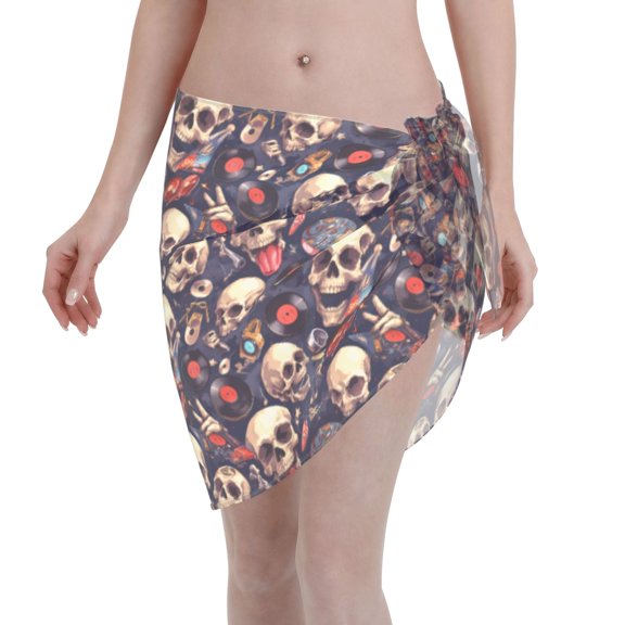 JUNZAN Women Chiffon Short Sarongs Cover Ups Beach Swimsuit Wrap Skirt,Skull record rock