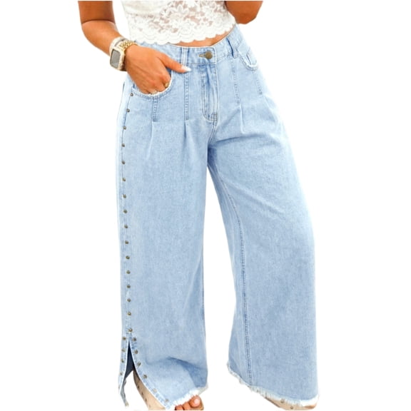 Women's Beau Blue Studded Wide Leg Jeans – Casual Frayed Style with Side Slit for Everyday Wear, 16