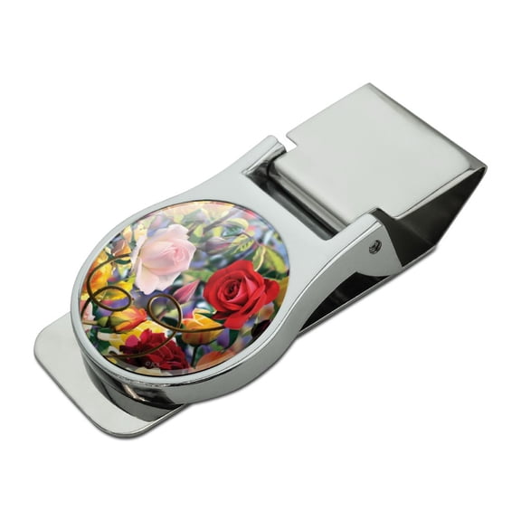 Wild Rose Tango Flowers Satin Chrome Plated Metal Money Clip