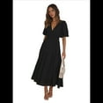 thumbnail image 1 of Vestido Midi Fluido de Corte A con Escote en V Profundo, Corta Abullonada, Cintura Alta Elástica y para Mujer Negro M, 1 of 9