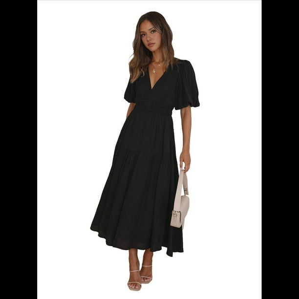Vestido Midi Fluido de Corte A con Escote en V Profundo, Corta Abullonada, Cintura Alta Elástica y para Mujer Negro S