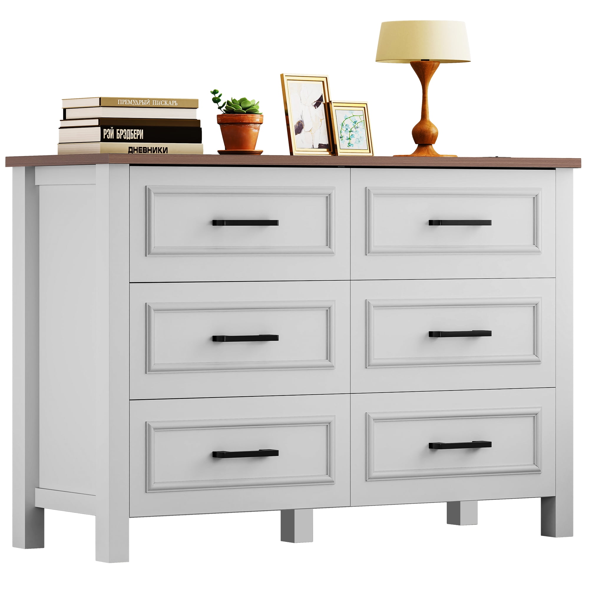 Uforic 6-Drawer Wooden Dresser TV Stand with Power Outlet, Drawers and Handles, for Living Room, Bedroom, White & Walnut