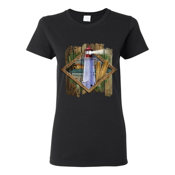 Living Life In The Sun Surfboards Sunsets Lighthouse Pop Culture Womens Graphic T-Shirt, Black, Small