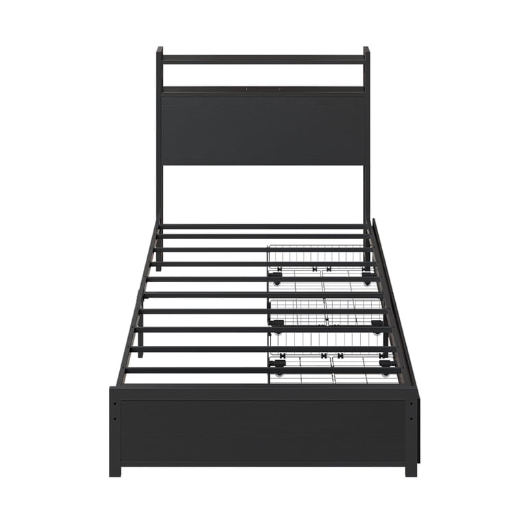 Zimtown Twin Bed with Storage Headboard and LED Lights, Black photo 8