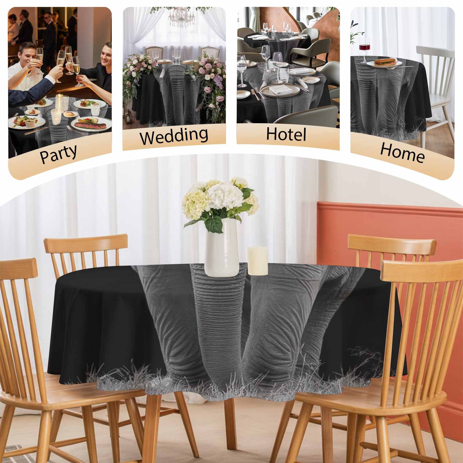 Round Tablecloth Modern Vintage Waterproof Oil Proof Polyester Table Cloth Cover Decor for Home Dining Outdoor,Patio,Parties, 60" Dia. Elephant Bird Animal Black Grey