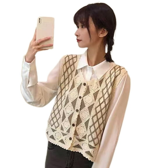 JUNTEX Women Vintage Argyle Diamond Plaid Crochet Sweater Vest Waistcoat Sleeveless Knitted Button Down Cropped Cardigan Jacket