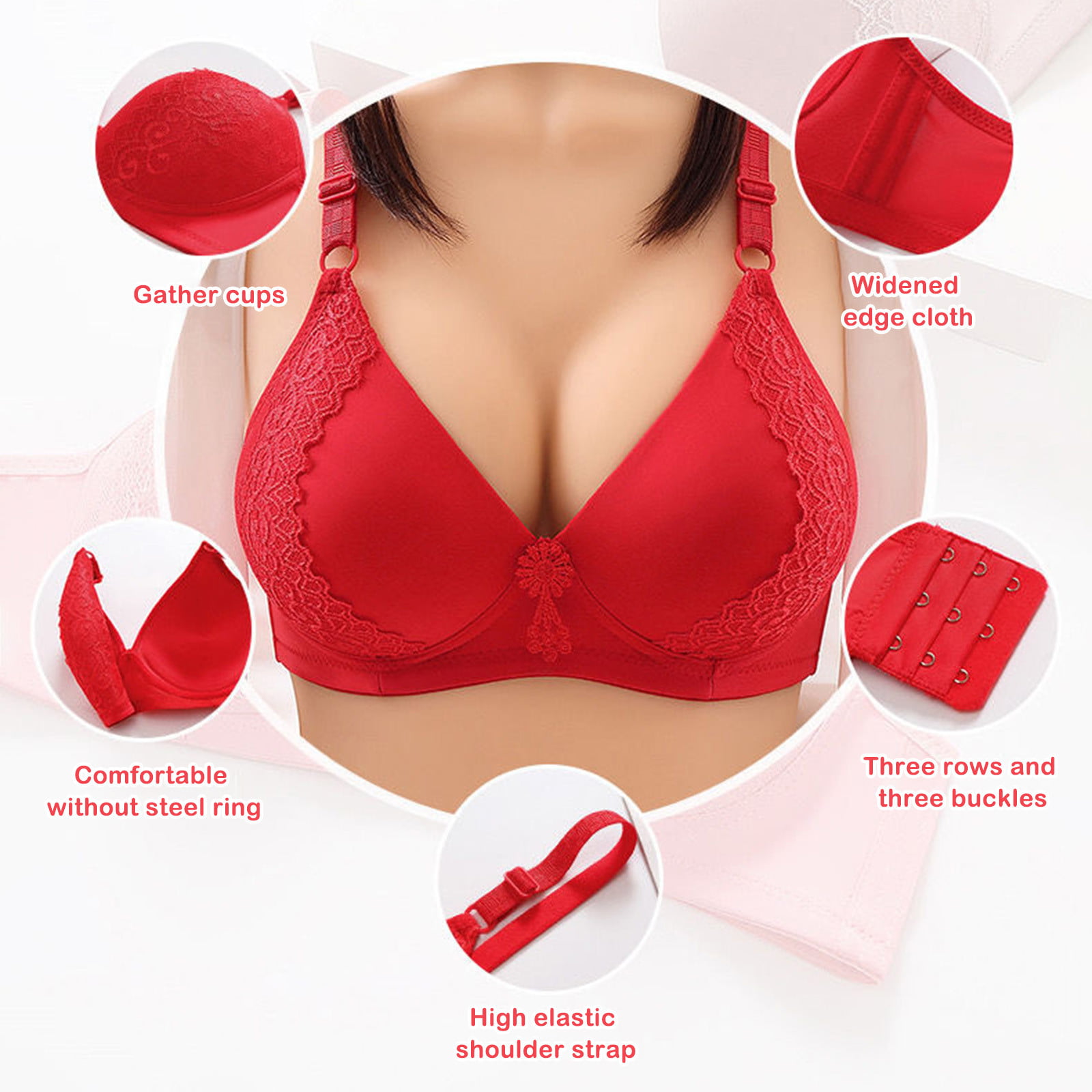 Penkiiy Women Bras Woman's Comfortable Lace Breathable Bra Underwear No  Rims Red Bras 