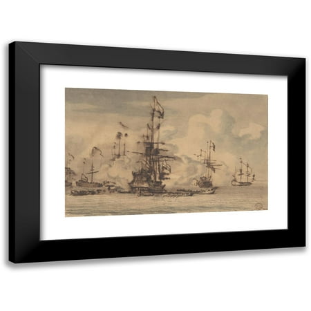 Willem van de Velde the Younger 14x11 Black Modern Framed Museum Art Print Titled - Sea Fight (Mid-17th-Early 18th Century)