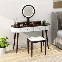 Costway Solid Wood Makeup Vanity Desk Set with LED Lighted Mirror Drawers Cushioned Stool White Brown