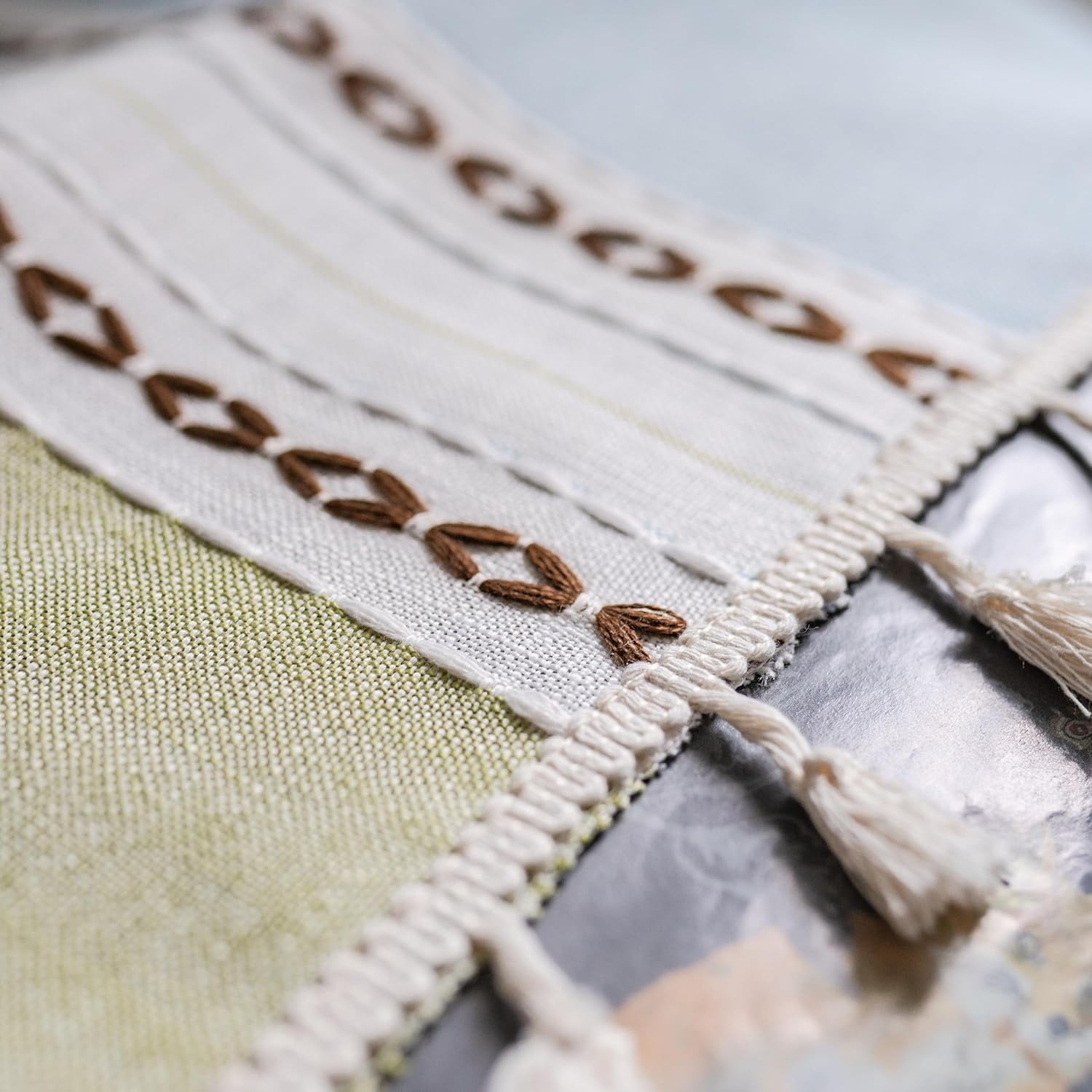 AIGIA Boho Linen Curtains for Bedroom Living Room Semi Blackout Farmhouse Tassels Bohemian Embroidery Drape Rod Pocket 1 Panel