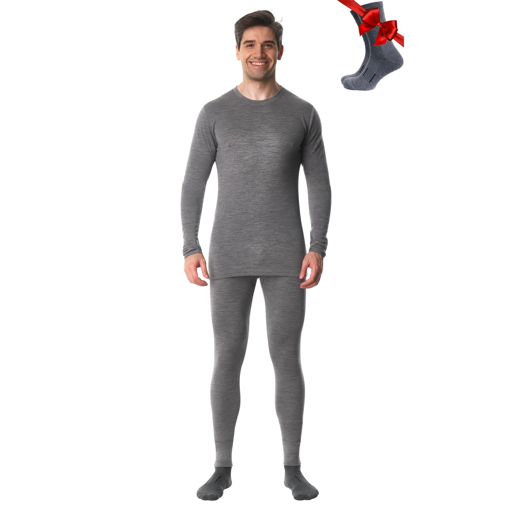 Merino.tech Men’s Base Layer Set - 𝗧𝗵𝗲𝗿𝗺𝗮𝗹 Merino Wool Top and Bottom with Merino Sox Included, L - Heather Grey