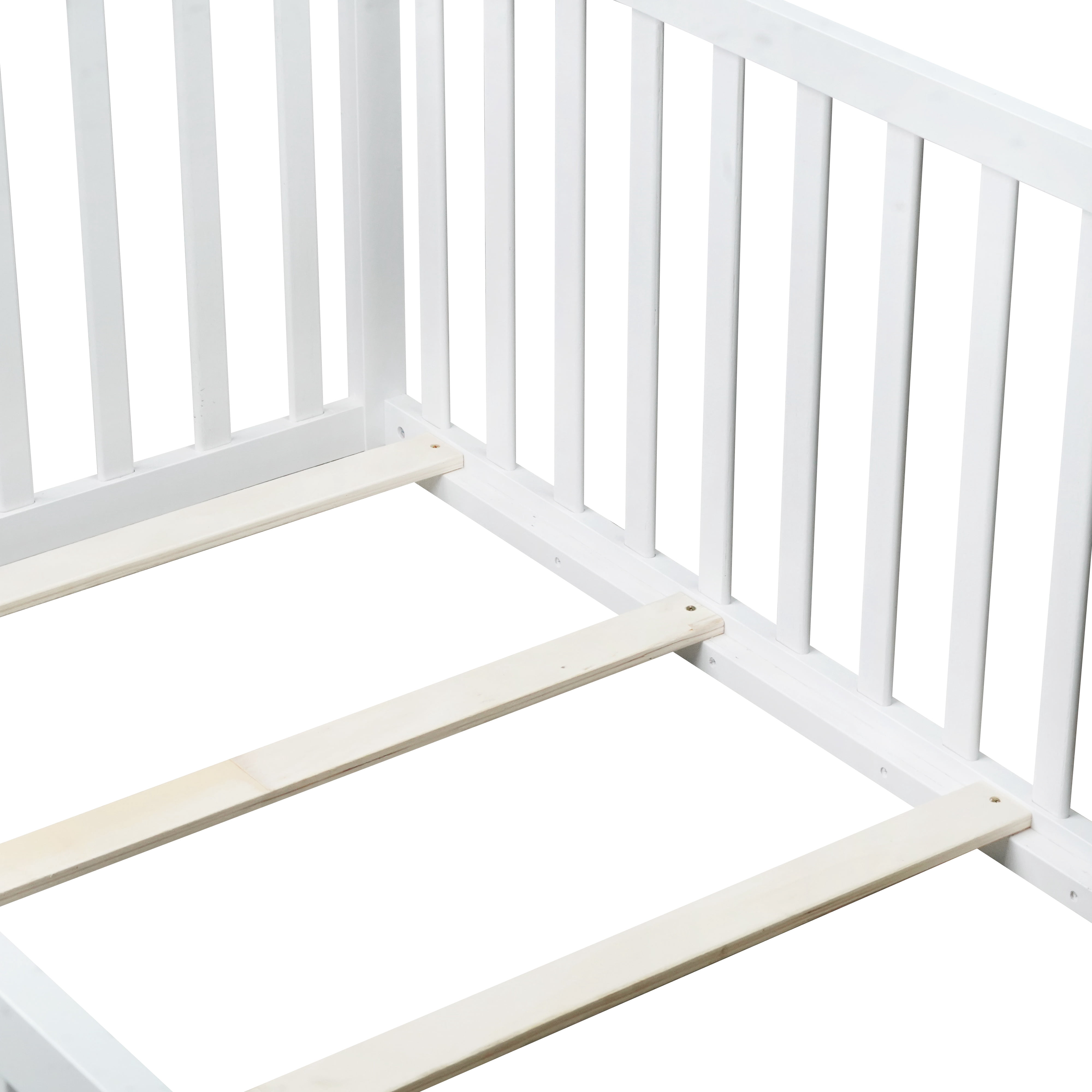 Sesslife Twin Size Floor Bed with High Fence & Door, Wood Twin Bed Frame with Salts and 21.5” Safety Guardrails, Twin Floor Bed for Boys Girls, No Box Spring Needed, White