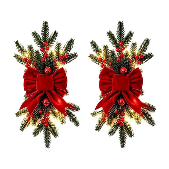 Christmas Door Swags, Lighted Holiday Hanging Decor, 2 Piece Matching Evergreen Drops with Velvet Bows Berries Bells and Warm Light, Artificial Foliage Fabric Bows and Lights