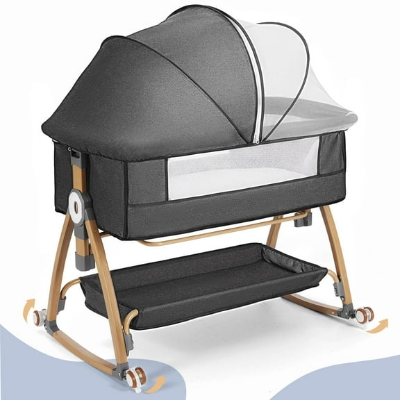 Baby Bassinet, Caveen Bedside Bassinet for Baby, 4 in 1 Portable Bedside Sleeper Rocking Crib with Wheels, Mosquito Net & Storage Basket, 6 Height Adjustable, Grey