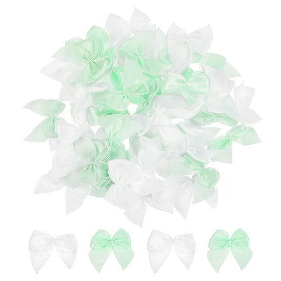 50Pcs Mini Ribbon Bow 1" Mini Fabric Satin Ribbon Flower Bows for Craft DIY Sewing Wedding Birthday Party White & Green