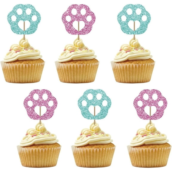 12pcs Paw Cupcake Toppers for Pet Theme Birthday, Blue & Pink Glitter Puppy Kitten Paw Sign Cupcake Toppers, Cake Decorations for Baby Shower/Dog Cat Birthday Party Supplies