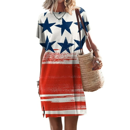 

Hvyesh Womens Summer Dresses 2023 Casual Elegant Long Dress 4th of July Pattern Round Neck Side Split Sundresses Short Sleeve Flowy Dresses Red
