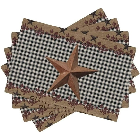 Rustic Star Placemats, Vintage Wood Barn Black Grid Western Texas Farmhouse Country Bless Home Table Mats Placemat for Kitchen Dining Table Decor, 12x18 Inch, 4PCS