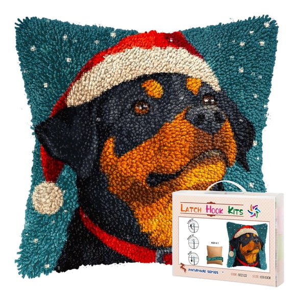 DIY Latch Hook Pillow Kits for Adults Merry Christmas Rottweiler Dog Pillow Cover Printed Pillowcase Crochet Yarns Hooking Handmade Cushion for Home Sofa Decoration 17x17inch(1)
