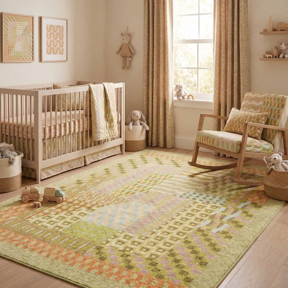 8x10 Modern Geometric Green Olive Area Rug, Washable Low Pile Carpet with Non-Slip Backing, Stain-Resistant for Living Room, Bedroom, Playroom