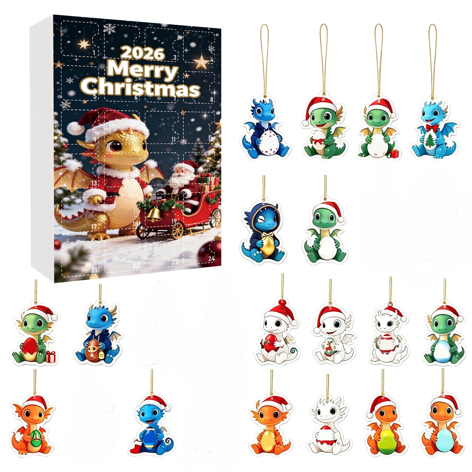 Christmas 2026 Baby Dragon Advent Calendar with 24 Cartoon Dragon Acrylic Hanging Ornaments, Xmas Surprise Gift Box, Tree Decor Stocking Fillers for Boys Girls