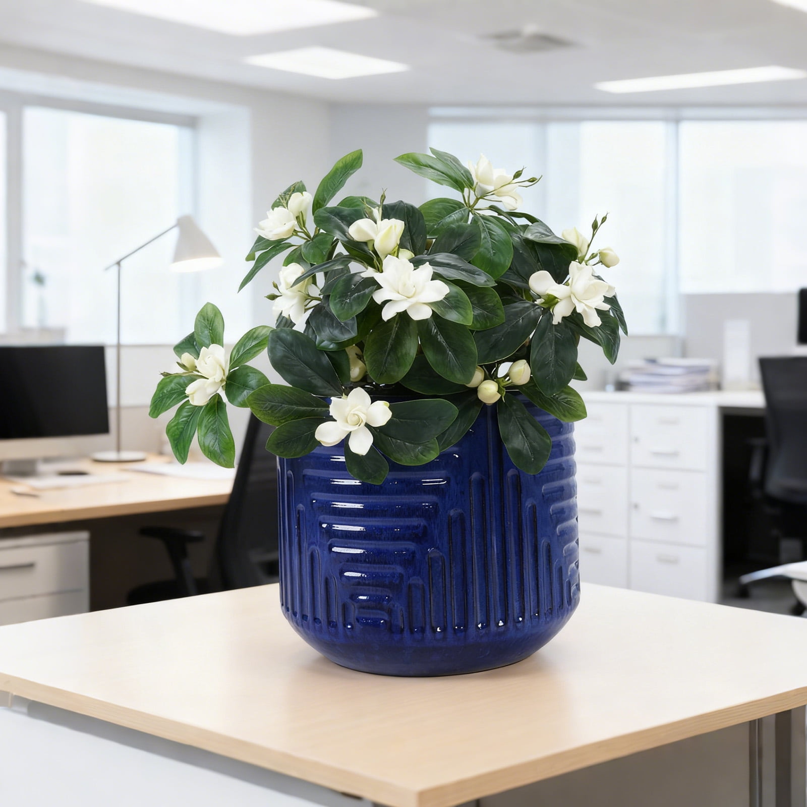 16" Dia Round Planters for Indoor Plants, Large Outdoor Planters with Drainage Holes, Ceramic Plant Pots Indoor & Outdoor for Home Garden Patio - Dark Blue
