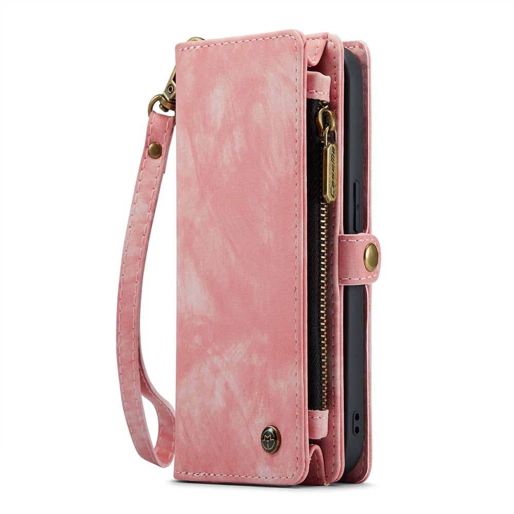 CaseMe Leather Case for iPhone 12 Pro,2 in 1 Detachable Wallet Case with 8-Card Holder Zipper Bills Slot,Magnetic Shockproof Flip Leather Cover Zipper Pocket Phone Cases,Pink,For iPhone 12 Pro