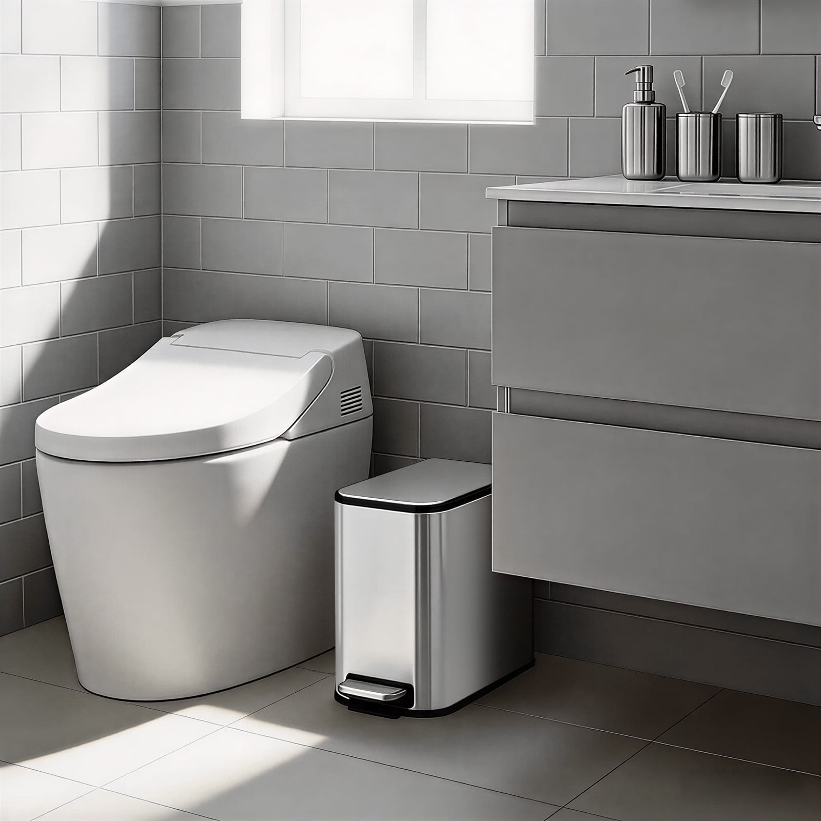Bathroom Trash Can, 2.1 Gallon (8 L) Small Trash Bin with Lid, Slim for Small Spaces, Stainless Steel Garbage Can, Soft Close, for Home and Office
