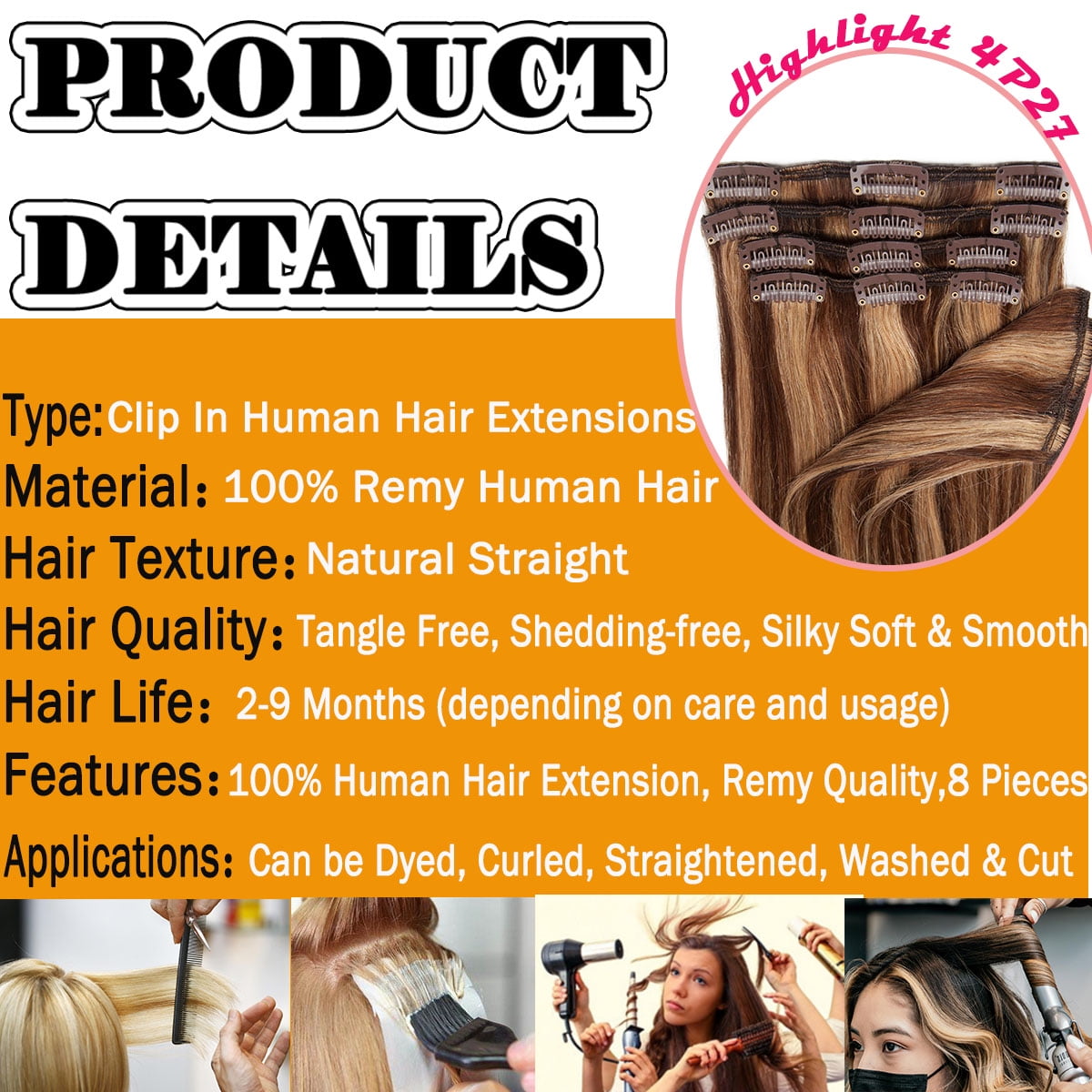 HAIRRO Clip In Human Hair Extensions, Brazilian Hair 8pcs/18Clips Dark Brown to Chestnut Brown Balayage Hair Extensions Full Head Silky Straight 100% Human Hair Clip In Extensions 8Inch-24inch