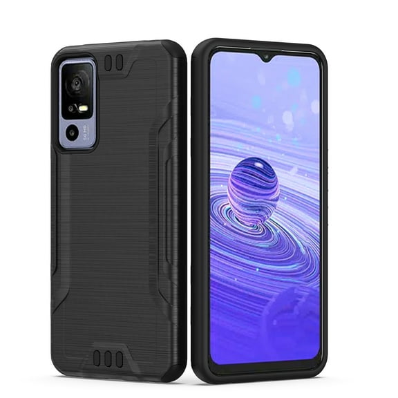 For TCL 40 XE 5G Hybrid Dual Layer Slim Defender Armor Metallic Brush Texture Shockproof Hard PC   TPU Rubber Cover ,Xpm Phone Case [ Black ]
