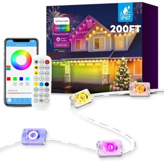 Permanent Outdoor Lights for House, 200ft RGB IC Smart Outdoor Decor, 50 Scene Modes, App/Remote Control, IP68 Waterproof, for Christmas, Holiday, Daily & Pool Party Decor, House Roof Lighting