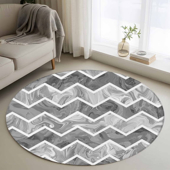Round Area Rug 4ft Abstract Geometric Grey Stripe Zigzag Chevron Area Rugs Washable Low Pile Floor Carpet for Bedroom, Modern Marble Line Non Slip Soft Rugs for Living Room Entryway Dining Room