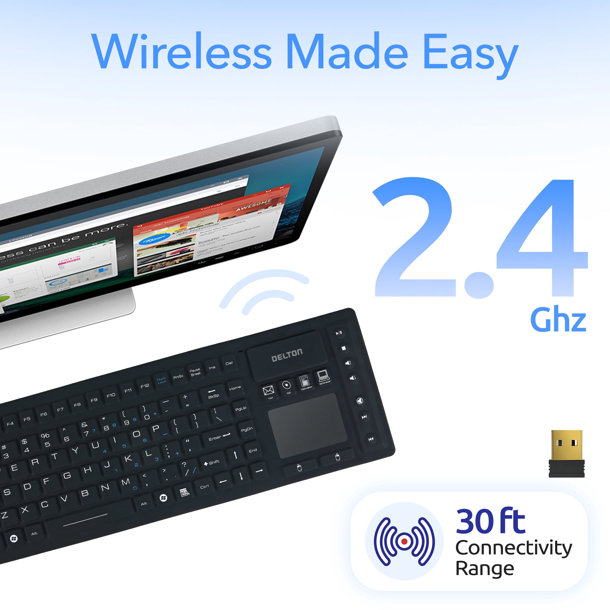 Delton M90 Wireless Computer Keyboard with Touchpad, 109 Standard Keys, IP65 Water-Resistant Silicone Keyboard for PC, Laptop and Tablet, Black