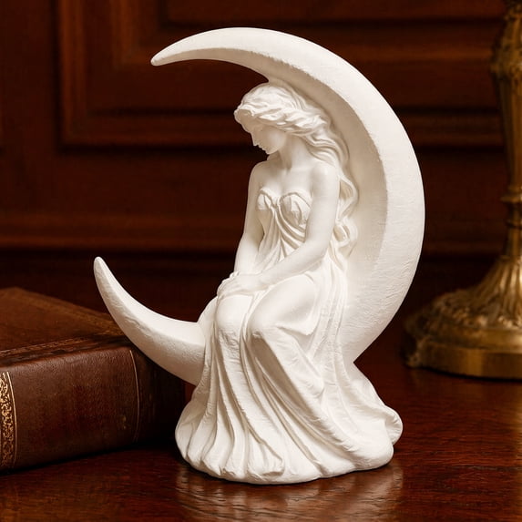 Moon Girl Figurine, 3D Printed Mystical Girl on Crescent Moon Statue, Collectible Sculpture for Bedroom Shelf Decor