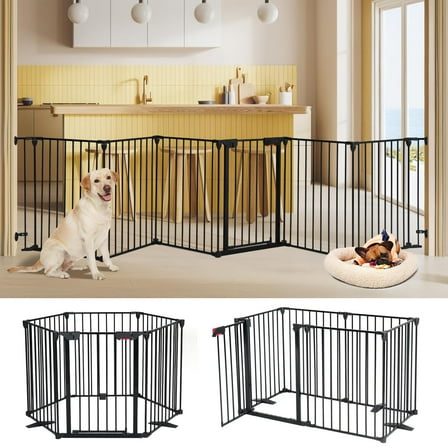 LUCKUP  Freestanding Dog Gates with Door Walk Through, Extra Wide Doggy Door 150" W x 29" H Pet Gate Safty 6 Panels Dog Fence for Stairs, Doorways