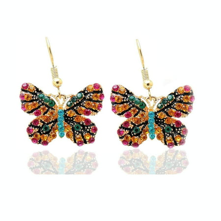 Jeweled Multi Colored Butterfly Hook Earrings