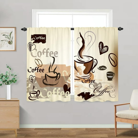 Coffee Kitchen Curtains, Cafe Brown Tea Retro Art Small Short Cafe Window Curtain Over Sink Bathroom Dining Room Decor Rod Pocket Window Drapes 2 Panels 36"x28" Inch
