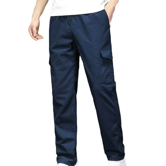 Men Pants Solid Color Lace-up Elastic Multi-pocket Sports Cargo Pants Full Length Pants Spring/Summer Pants for Men Blue XL