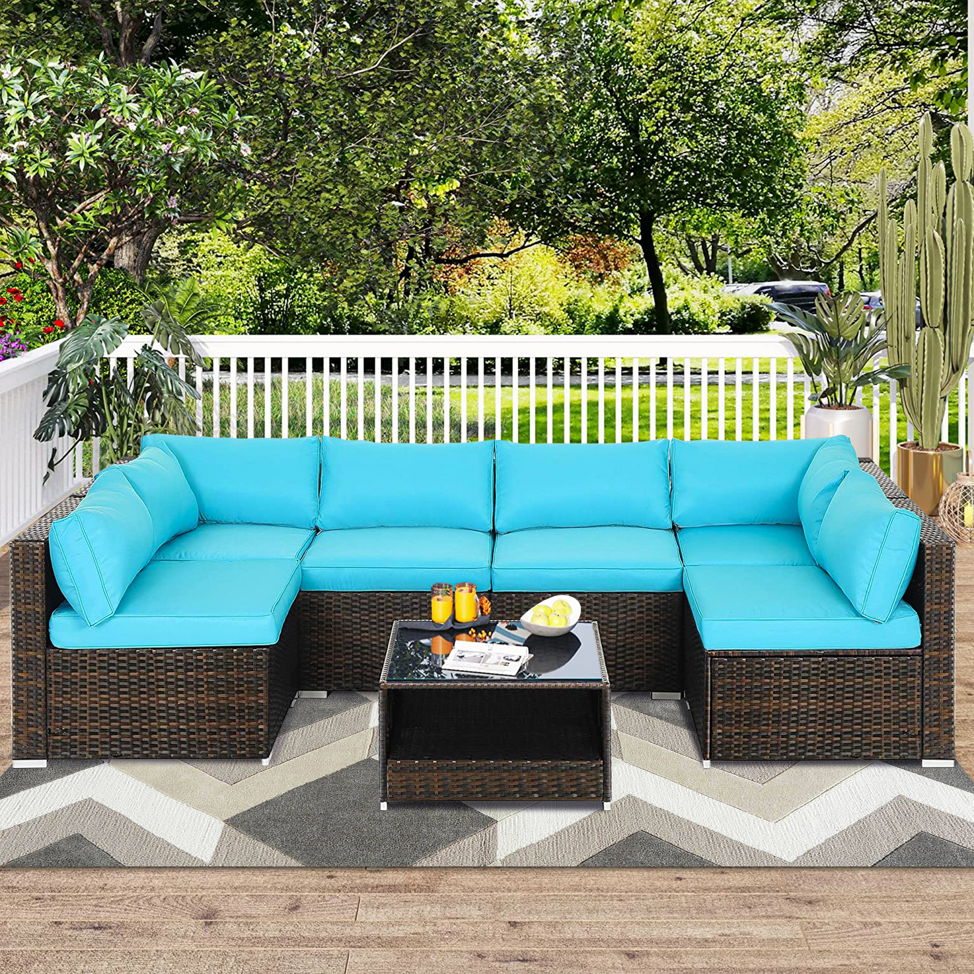 7 Piece Patio Wicker Sofa Set, Outdoor Conversation Furniture Set with