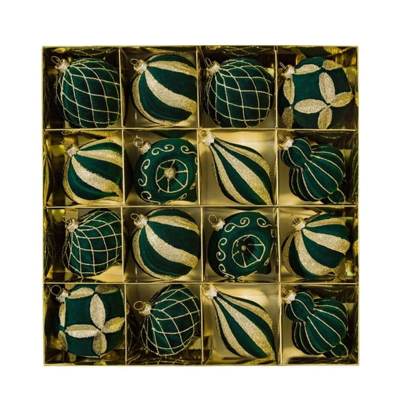Christmas Party Decorations, Gold Decorations for Party, Christmas Tree Ornaments, Christmas Decor, 16Pc Flocked Dark Green Glitter Gold Christmas Hanging Bauble Collection,