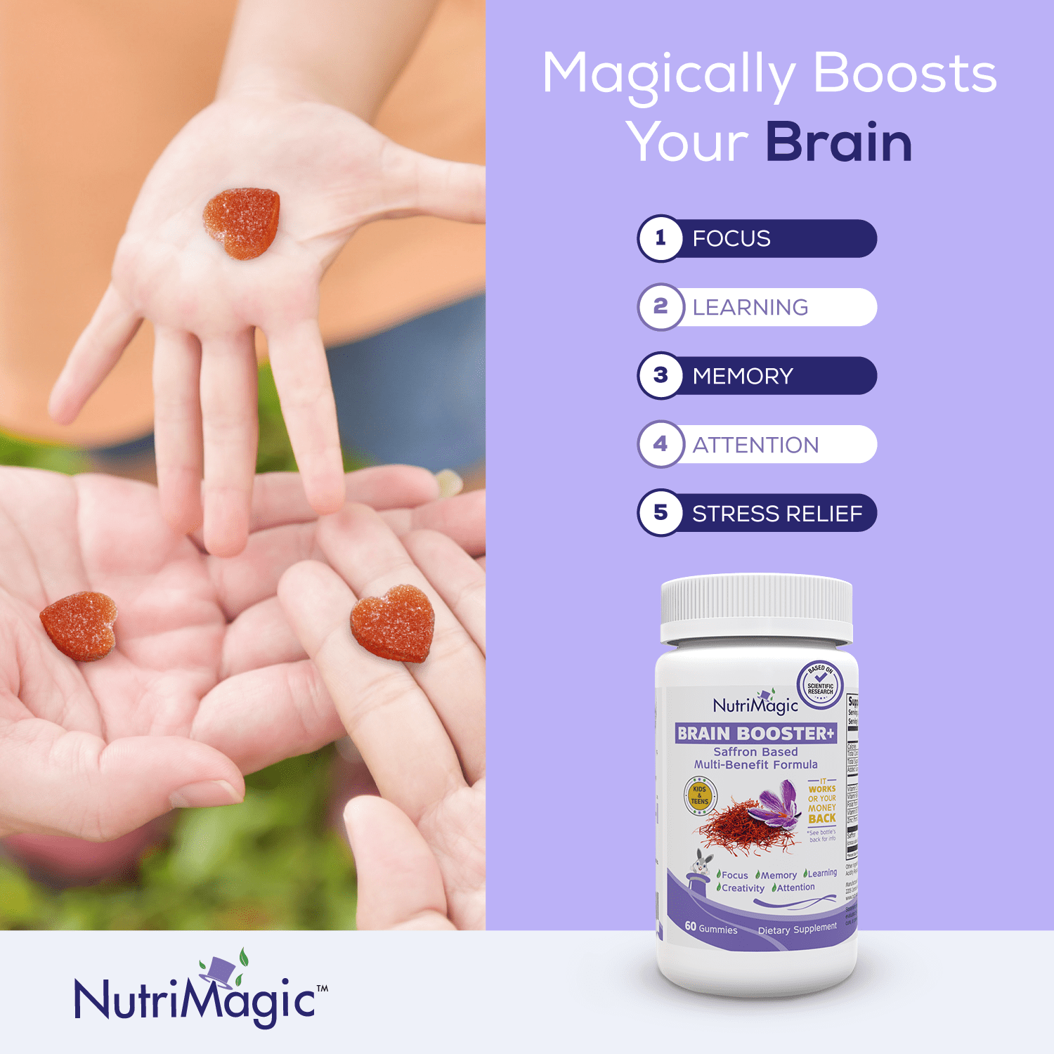 NutriMagic KIDS Brain Booster+ Focus, Attention Saffron-Based Brain Health Supplement & Multivitamin, Vegan, 60 Pack Strawberry.